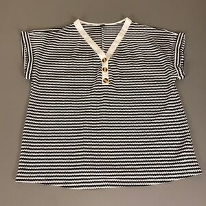 Shein Curve Blouse Top 2XL Black White Button Up V Neck Striped Short Sleeve‎